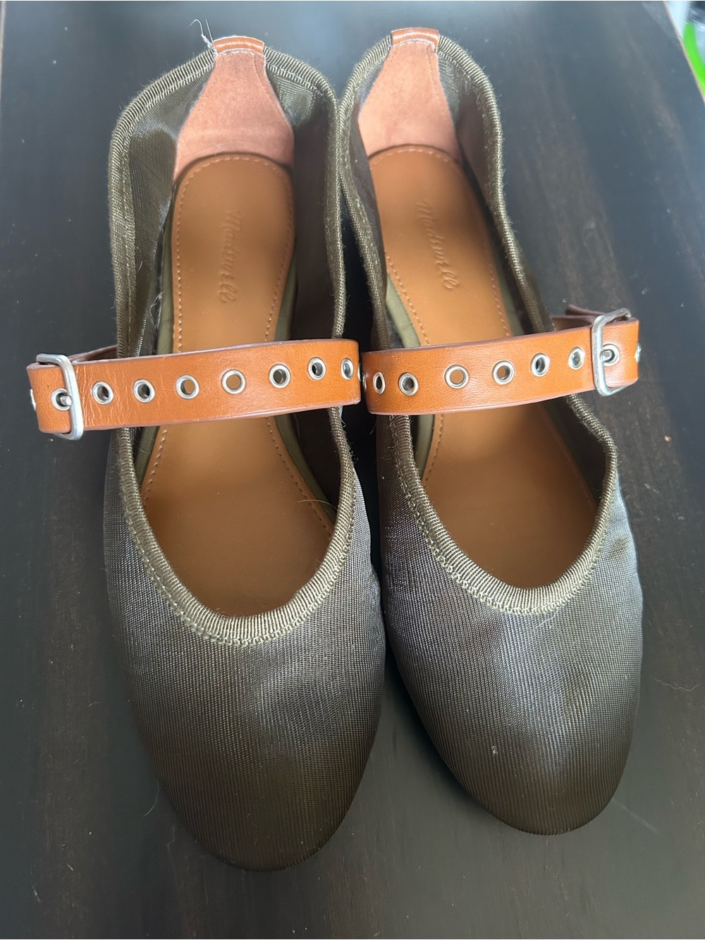 Madewell Olive Canvas Mary Jane Flats with Tan Leather Strap